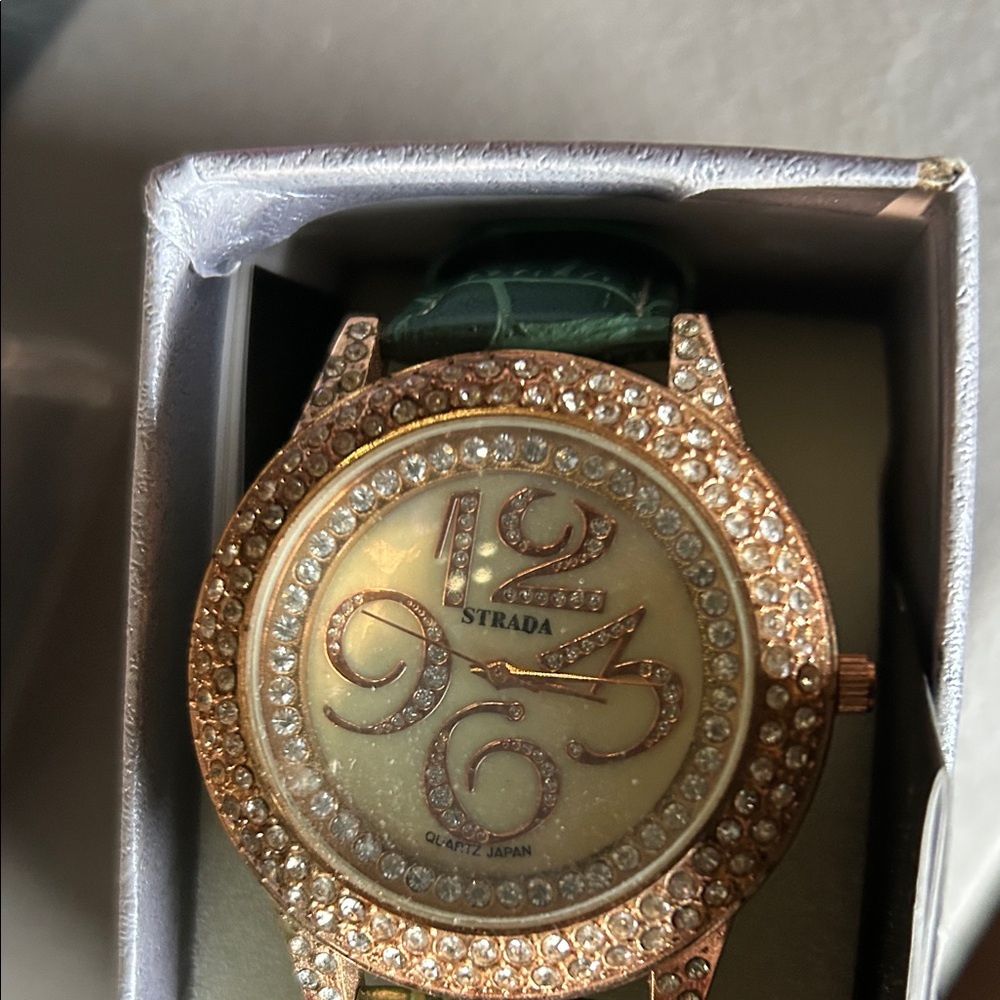 Strada Women's Rose Gold Watch with Crystal Detailing green band